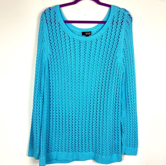 a.n.a Sweaters - Cotton Open Knit Sweater Ocean Blue plus size sweater 1X